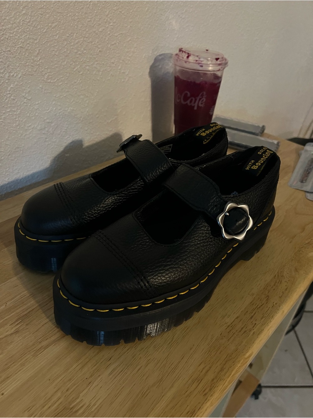 Doc martens Black Platform Mary Janes with Yellow Stitching